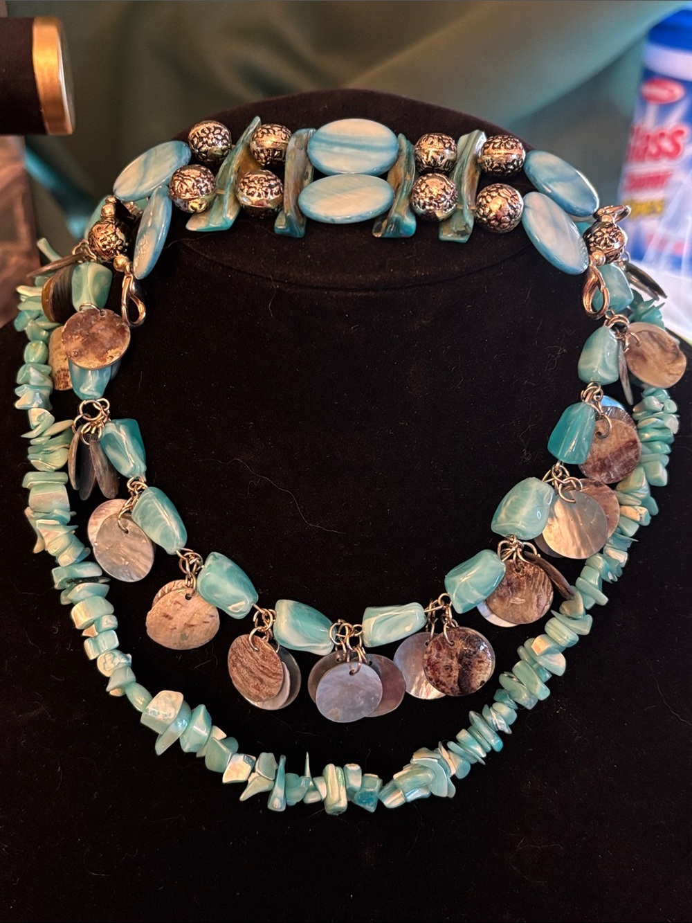 Turquoise Color Shell & Bead Necklace and Bracelet